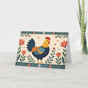 Colorful Folk Art Chicken & Flower Gräns Birthday Kort