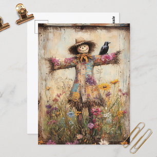 Colorful Folk Art Fågelskrämma med Wildblommor Vykort