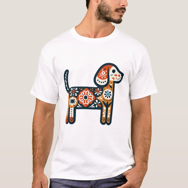 Colorful Folk Art Hund design T-Shirt (Framsida)