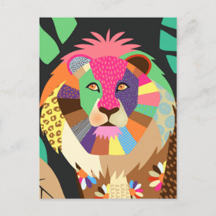 Colorful Folk Art Jungle Lejon Animal Porträtt Vykort