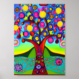 Colorful Folk Art Stil Träd Poster