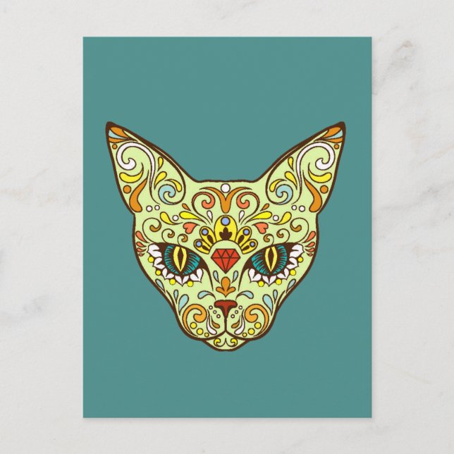 Colorful Folk Art Sugar Skull Magic Cat Vykort (Framsida)