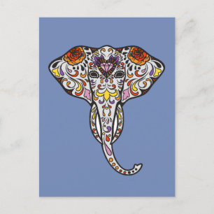 Colorful Folk Art Sugar Skull Magic Elephant Vykort