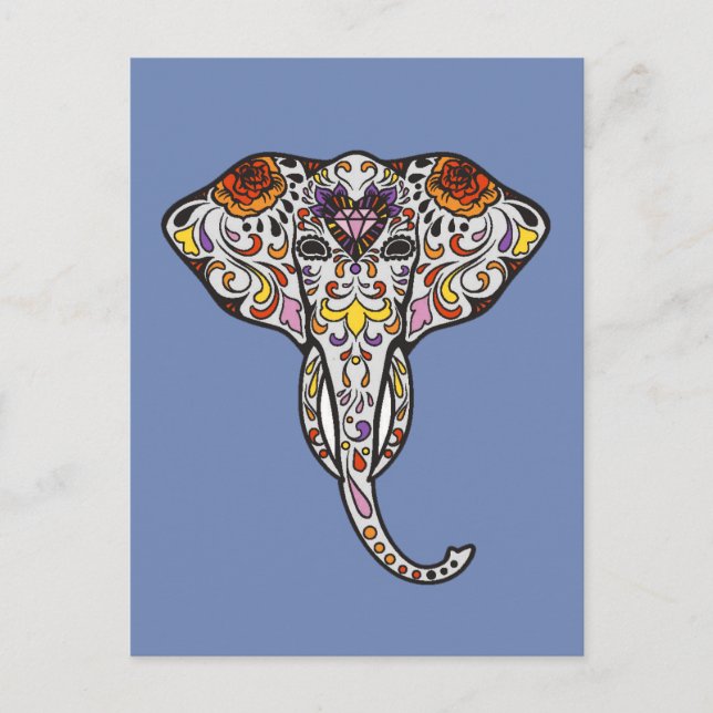 Colorful Folk Art Sugar Skull Magic Elephant Vykort (Framsida)