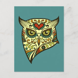 Colorful Folk Art Sugar Skull Magic Uggla Vykort