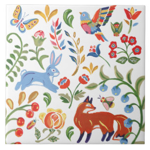 Colorful Folk Woodland Blommigt Fox Rabbit Kakelplatta