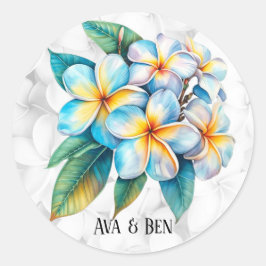 Colorful Frangipani Hawaii Blommigt Bröllop Runt Klistermärke
