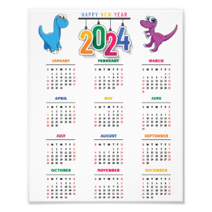 Colorful Funny Dinosaur 2024 Calendar Fototryck
