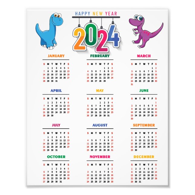 Colorful Funny Dinosaur 2024 Calendar Fototryck (Framsidan)