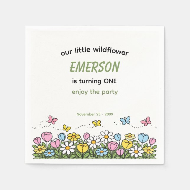 Colorful Funny Little Wildflower 1st Birthday  Pappersservett (Framsidan)