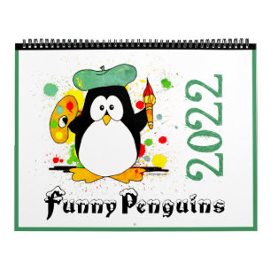 Colorful Funny Penguins Tecknad Art Grönt 2022 Kalender