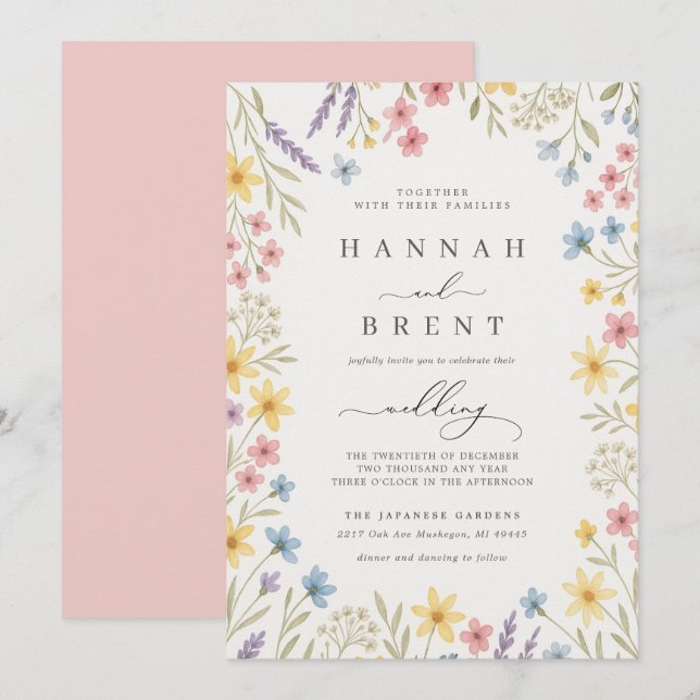 Colorful Garden Floral Wedding Invitation Inbjudningar (Fram/baksida)