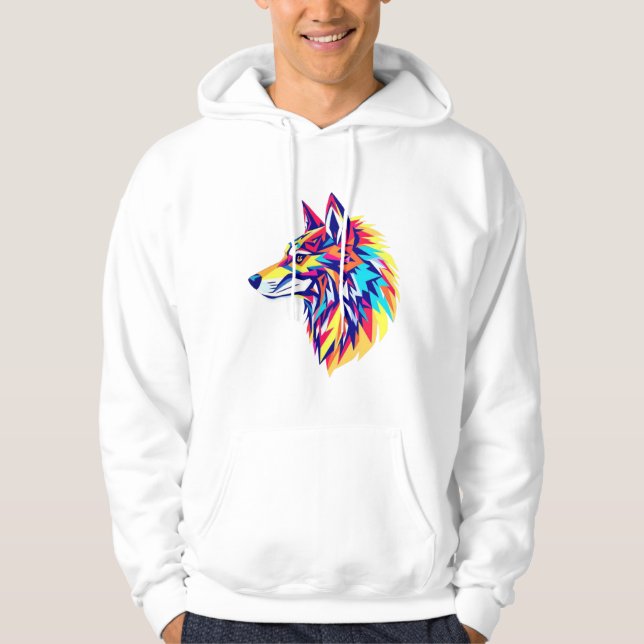 Colorful Geometric Wolf T-Shirt Hoodie (Framsida)