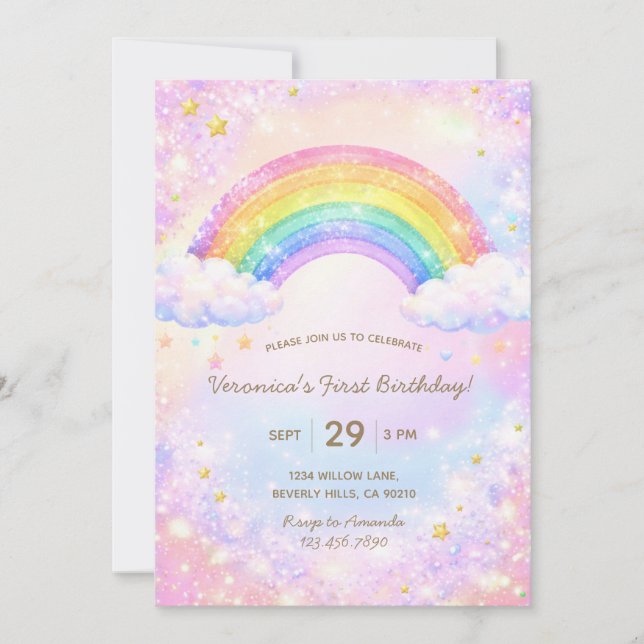Colorful Glitter Rainbow Girl Birthday Party Inbjudningar (Framsida)
