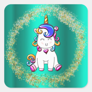 Colorful Glitter Unicorns Teal Fyrkantigt Klistermärke