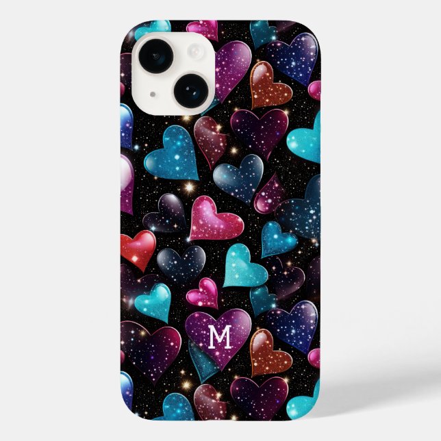 Colorful Glittery Hearts Mönster Monogram (Baksida)
