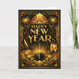 Colorful Gold Art Deco Happy New Year Helgkort