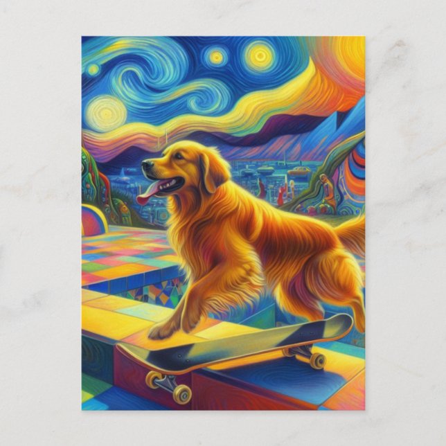 Colorful Golden Retriever Skateboarding Van Gogh Vykort (Framsida)