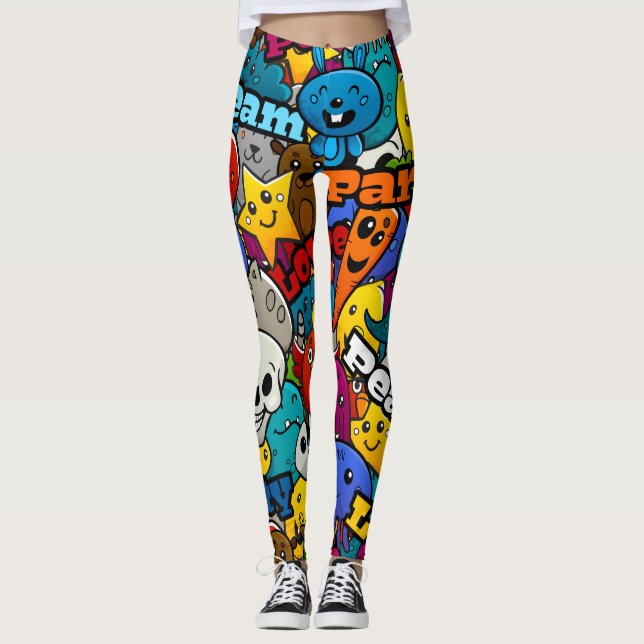 Colorful Graffiti Characters Mönster Leggings (Framsida)