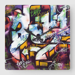 Colorful Graffiti Ord Fyrkantig Klocka