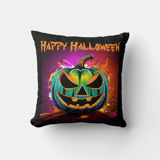 Colorful Halloween Creepy Pumpkin Black Kudde (Framsida)