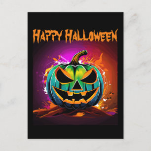 Colorful Halloween Creepy Pumpkin Black Vykort