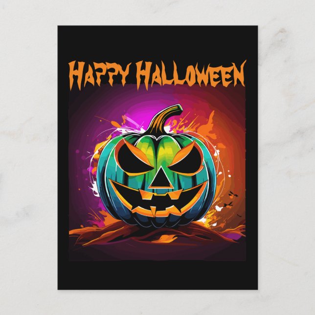 Colorful Halloween Creepy Pumpkin Black Vykort (Framsida)