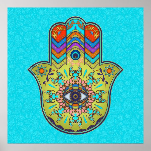 Colorful Hamsa Hand med paisley Poster (Framsidan)