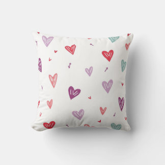 Colorful Hand-Drawn Hearts Throw Pillow Kudde