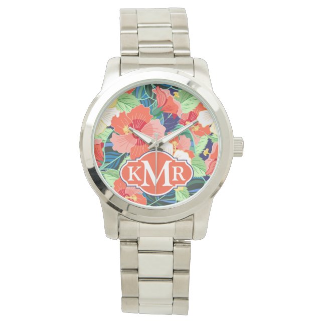 Colorful Hibiscus Mönster | Monogram Armbandsur (Framsida)