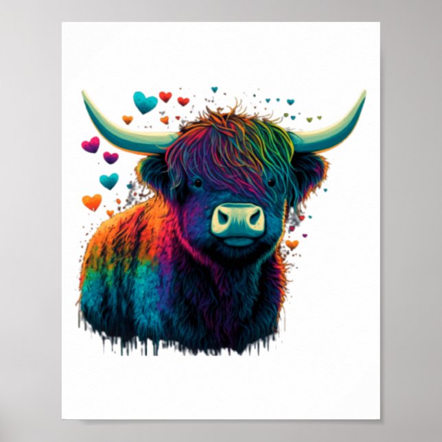 Colorful Highland Cow Valentines Day Farm Cow  Poster (Framsidan)