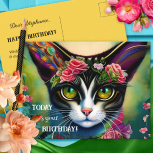 Colorful Hippie Crazy Cat Dam Birthday Vykort