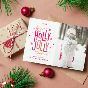 Colorful Holly Jolly-julfoto Julkort