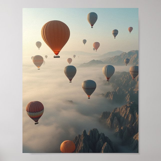 Colorful Hot Air Balloons Misty Mountain Sunrise Poster (Framsidan)