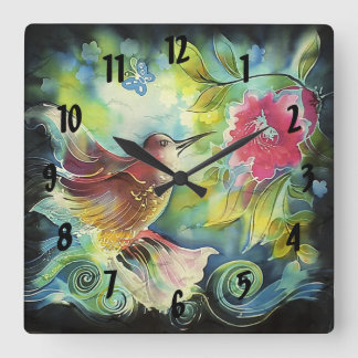 Colorful Hummingbird Digital Silke Art Fyrkantig Klocka