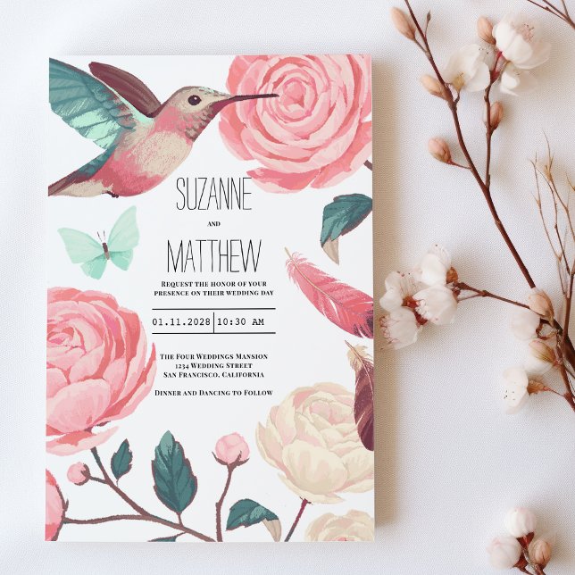 Colorful Hummingbird Floral Spring Wedding Inbjudningar (Colorful Hummingbird Floral Spring Wedding)