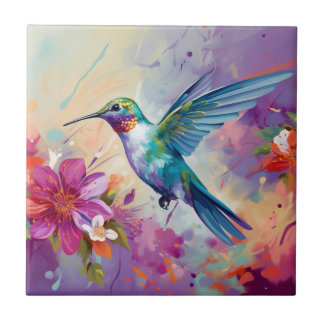 Colorful Hummingbird with Flowers Kakelplatta