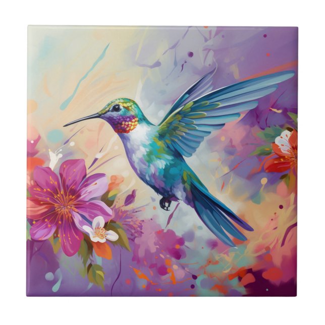 Colorful Hummingbird with Flowers Kakelplatta (Framsidan)