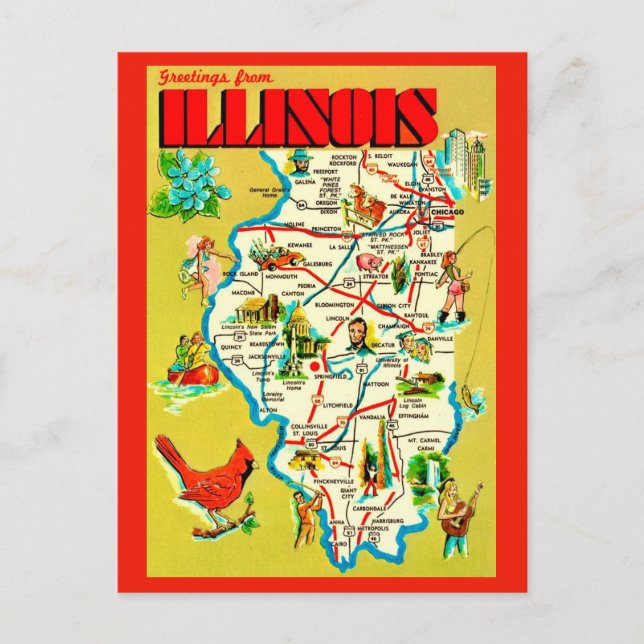 Colorful Illustrated  Illinois Map Vykort (Framsida)