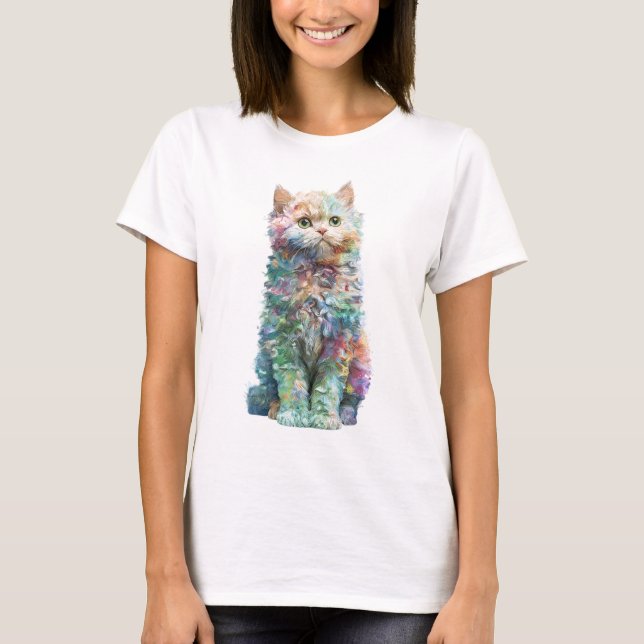 Colorful Impressionist Painterly Fluffy Cat Women T Shirt (Framsida)