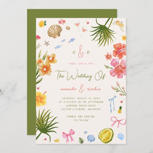 Colorful Island Whimsical Beach Tropical Wedding Inbjudningar (Fram/baksida)