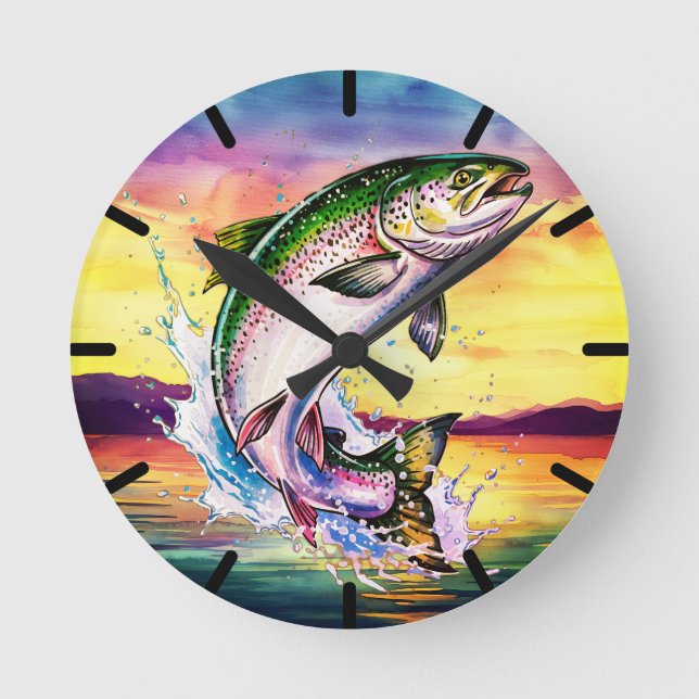 Colorful Jumping Rainbow Trout Clock Rund Klocka (Framsida)