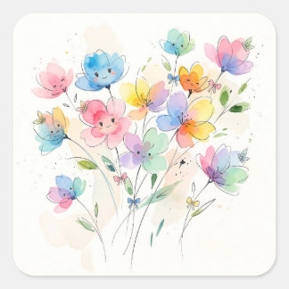 Colorful Kawaii Smiling Flowers Bunch Fyrkantigt Klistermärke