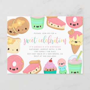 Colorful Kawaii Sweet Inslag Kids' Birthday Inbjudan Vykort
