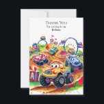 Colorful Kids' Monster Lastbil Birthday Tack Kort<br><div class="desc">När festligheterna vind ner vill jag uttrycka er tacksamhet med våra färgstarka barnsdagstidningar i Lastbil. De här korten har samma pulserande monster lastbil-motiv och färgstarka mönster som inbjudan och erbjuder ett hjärtligt sätt att tacka gästerna för deras närvaro och tankfulla gåvor. Anpassa varje kort med ett personligt meddelande och skicka...</div>
