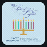 Colorful Light Blue Menorah Hanukkah Fyrkantigt Klistermärke<br><div class="desc">Här är en roligt grafik som söker efter ett Hanukkah-klistermärke. En färgfull menorah markerar en strimlad blå blek med ornitat "Festival of Ljus" i en typografisk behandling ovan. Ett speciellt anpassat meddelande går under. Underbart som kuvertförseglingar eller för att fästa på helgdag paket eller gåvor. Finns i alternativ färg med...</div>