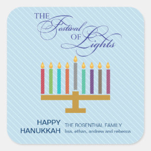 Colorful Light Blue Menorah Hanukkah Fyrkantigt Klistermärke