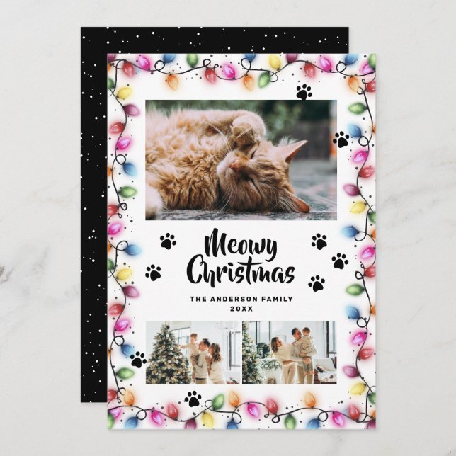 Colorful Lights Black Photo Meowy Christmas Card Julkort (Fram/baksida)