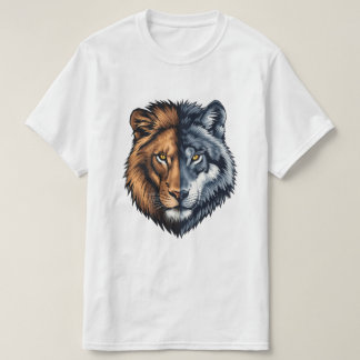Colorful Lion Wolf Split Face Illustration  T Shirt