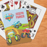 Colorful Little Boy Monster Lastbilar med First Na Casinokort<br><div class="desc">Lägg till lite roligt i ditt lilla pojksovrum med den här söta uppsättningen spelkort som har tre färgstarka monster lastbilar. Det finns ett grönt monster lastbil som kör genom en ring av brand, ett rött monster lastbil som tittar och ett blått monster lastbil som hoppar över en smutsig stapel. Det...</div>
